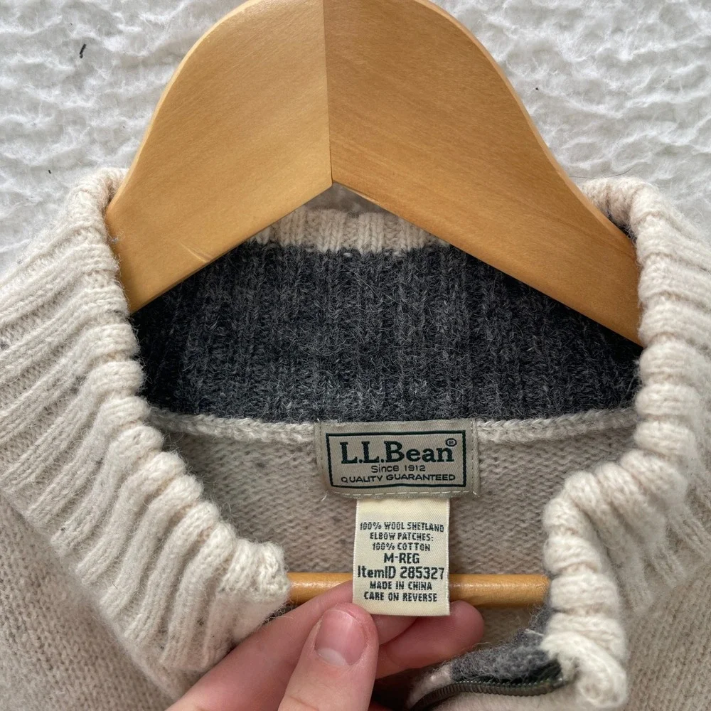 LL Bean Sweater Mens M Cream 1/4 Zip Shetland Corduroy Elbow Patch Outdoor Gorp